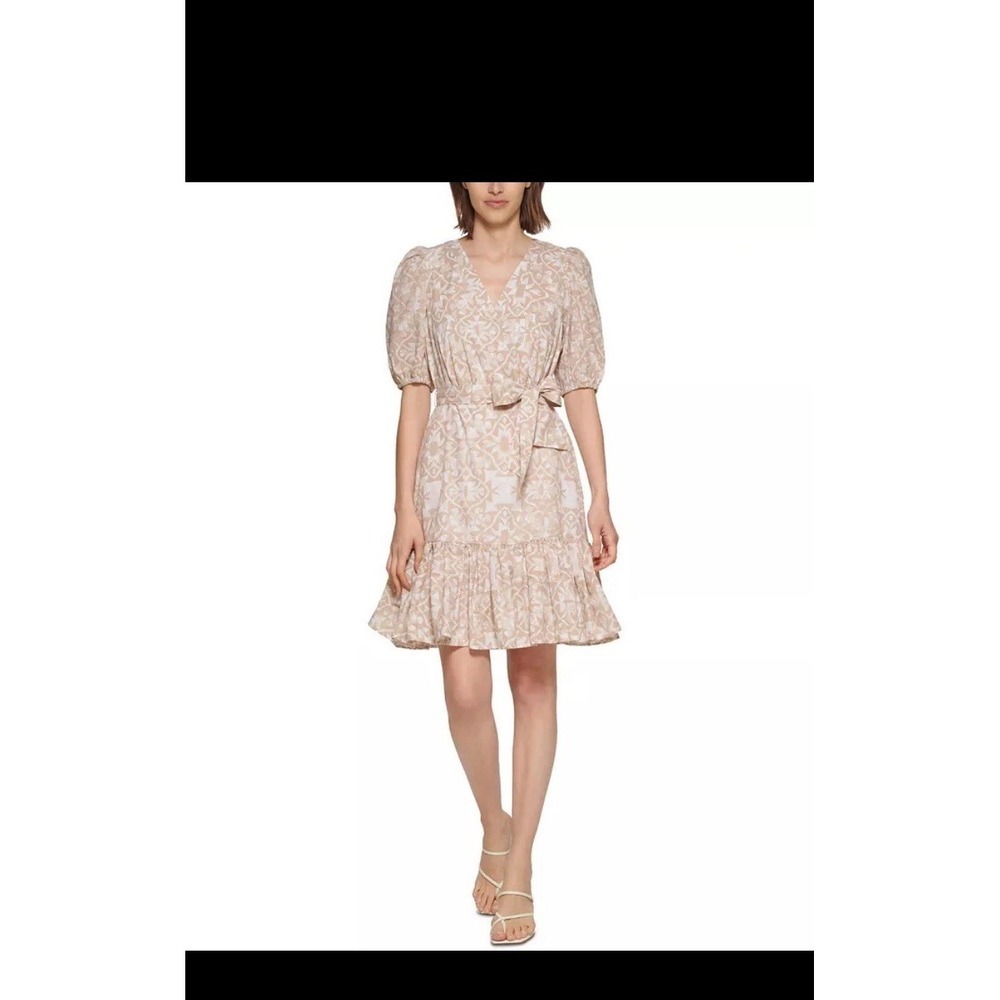 calvin klein Beige Ruffled Dress Baloon Sleeve Belted Sz 8 Cotton 100%